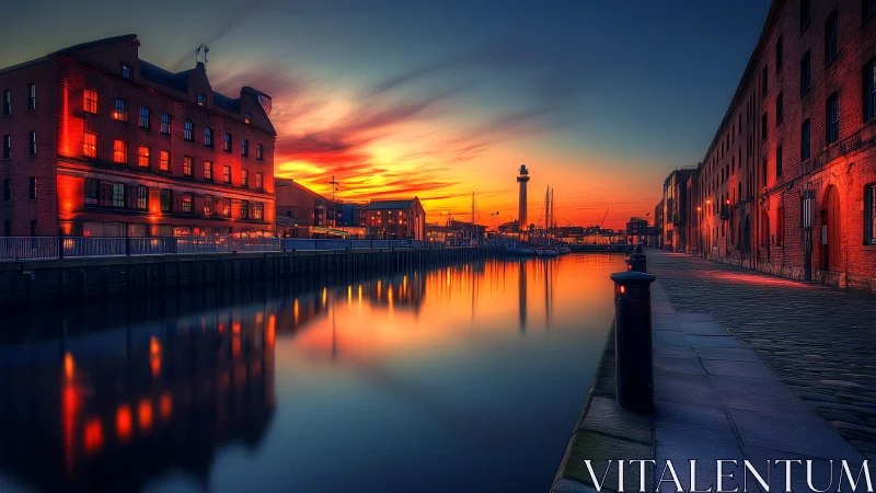 Sunset illuminates brick warehouses along calm waterfront canal