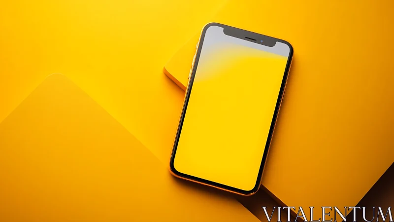 Smartphone lies on monochrome yellow geometric surface