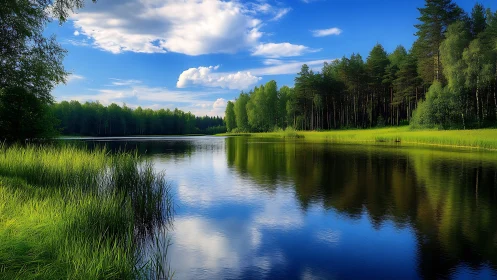 Tree-lined lake shoreline under blue sky with reflections.