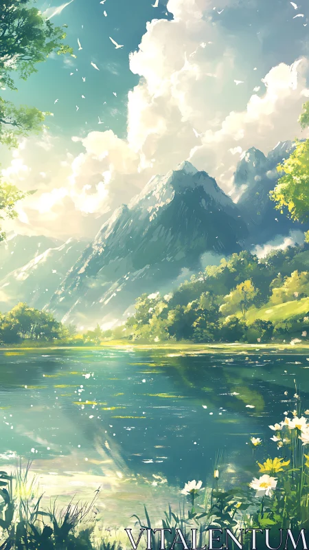 Sunlit mountain lake welcomes a calm, sparkling summer day