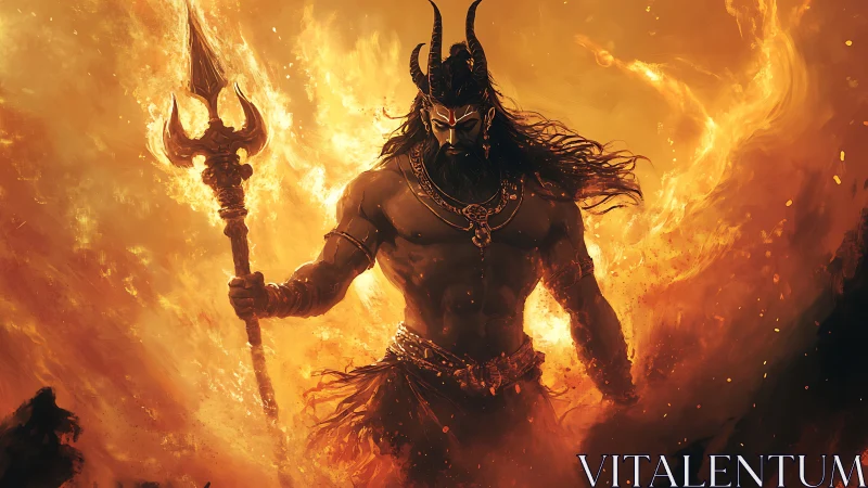 Horned warrior figure with trident amid intense flames.