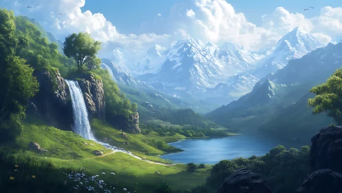 Digital landscape shows waterfall, lake and distant mountains