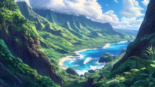 Verdant Coastal Canyon with Turquoise Waters.