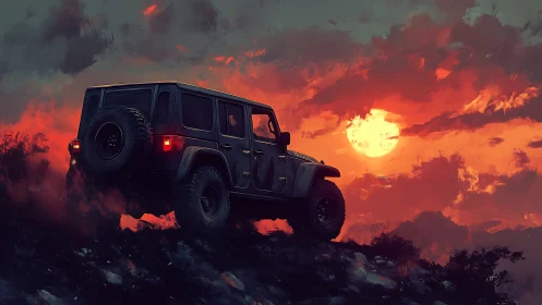 Off-road SUV pausing on a glowing sunset hillside trail.