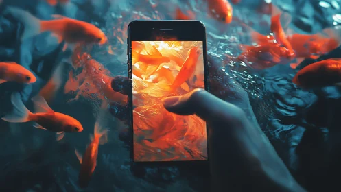 Screens glow while koi spill between pixels and water