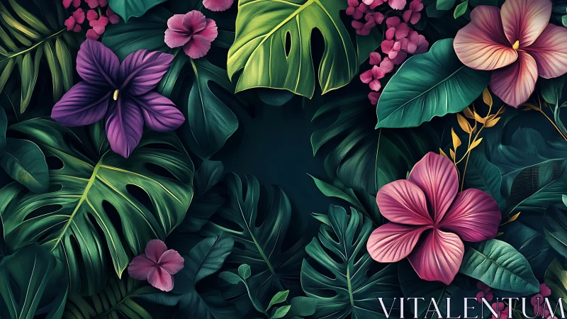 Tropical Floral Digital Artwork with Dark Background
