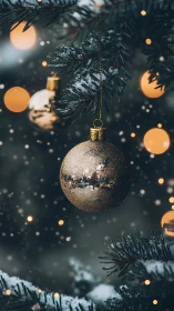 Golden ornament dreams amid softly falling winter snow.