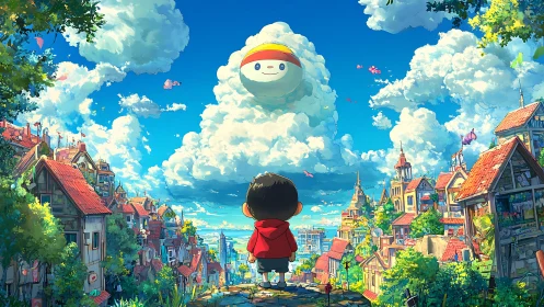 Boy in red hoodie greeting a smiling cloud over storybook town.