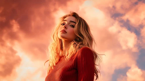 Confident woman in red sweater under vivid sunset sky.