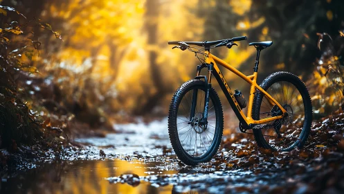 Yellow Mountain Bike on Rocky Stream Trail.