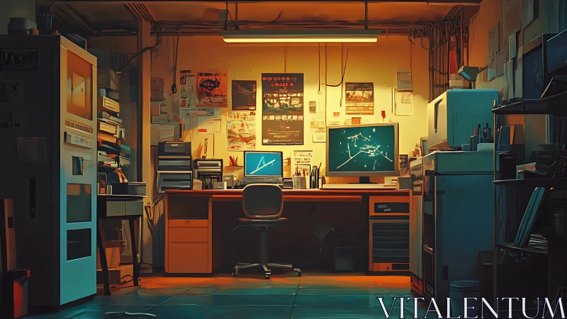 Dimly lit computer workspace in cluttered technical room.