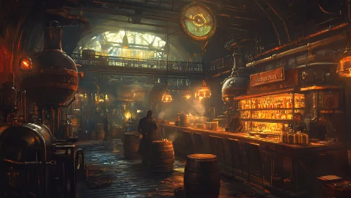 Steampunk distillery bar interior with alchemical brass lighting.