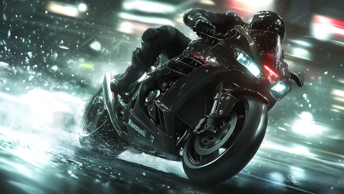 Neon rain rider carving lightning arcs through wet asphalt.