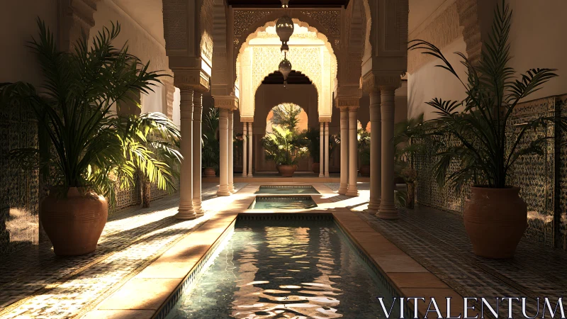 Islamic Courtyard with Colonnade and Reflecting Pool at Twilight