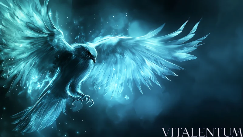 Majestic Glowing Blue Phoenix in Mystical Fantasy Art Style.