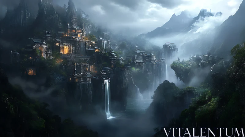 Mist-shrouded cliff city rendered as cinematic fantasy vista