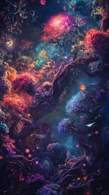 Surreal cosmic forest scene combines glowing trees and stars