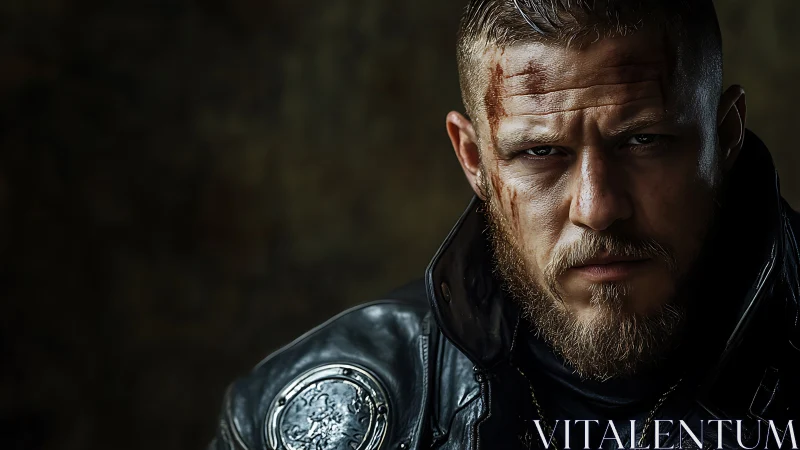 Scarred warrior in dark leather portrait, steely gaze emphasized.