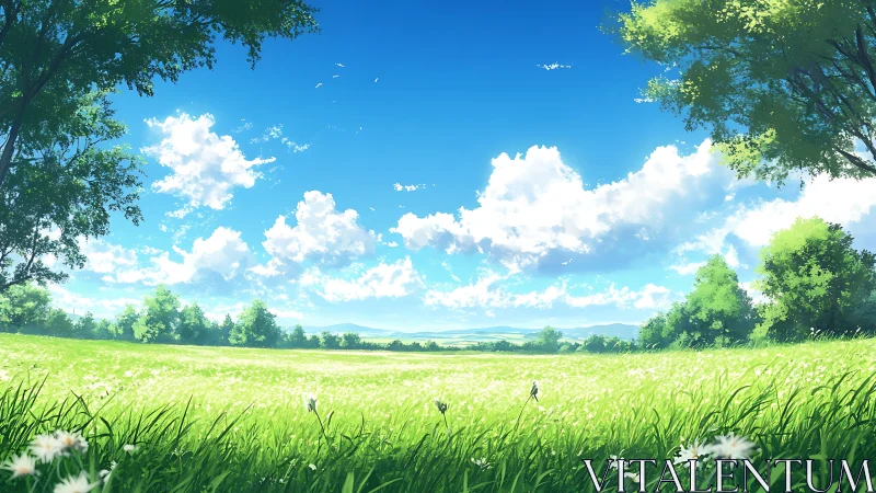 Sunlit meadow stretches beneath vivid blue summer sky