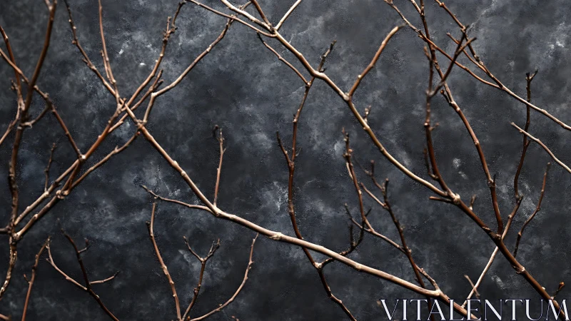 Bare tree branches against dark textured background, minimal style.