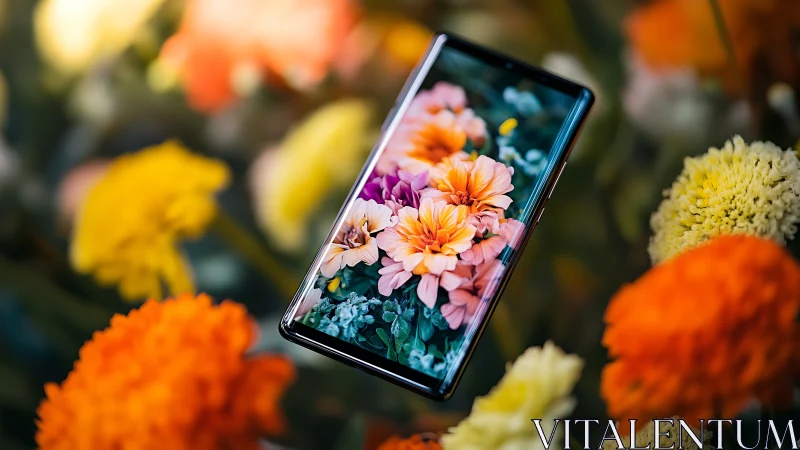 Smartphone displaying floral content above garden setting.