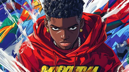 Electric street hero in red hoodie charging forward.