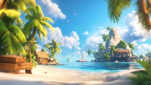 Tropical Island Paradise with Sailboat and Ancient Monument.