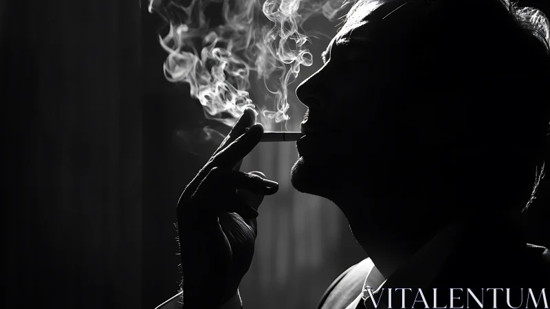 Quiet silhouette exhaling swirling cigarette smoke in shadow.