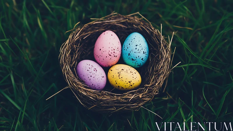 Colorful speckled eggs arranged in nest on grass lawn.