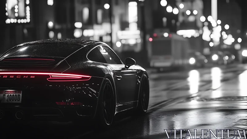 Sleek sports car glowing softly on a rainy city street.