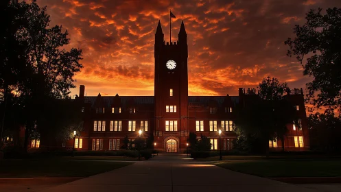 Gothic campus clocktower glows warmly under a fiery sunset sky