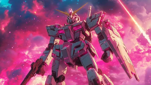 Armored mecha stands against neon cosmic sky in anime style