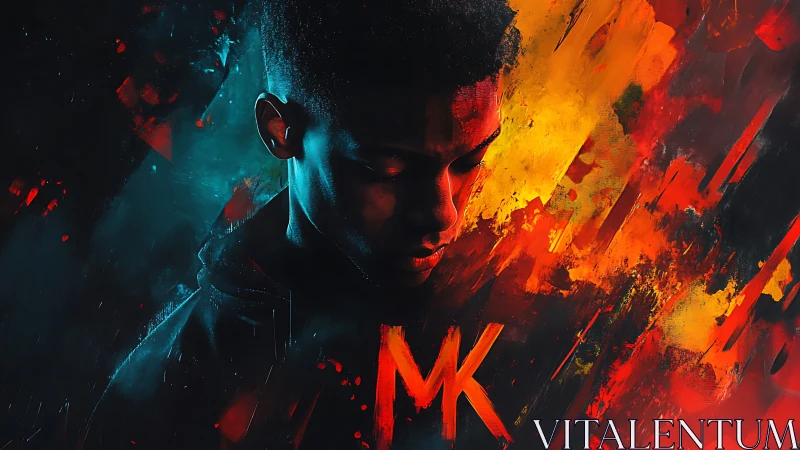 Male figure with abstract red and blue digital brushwork.