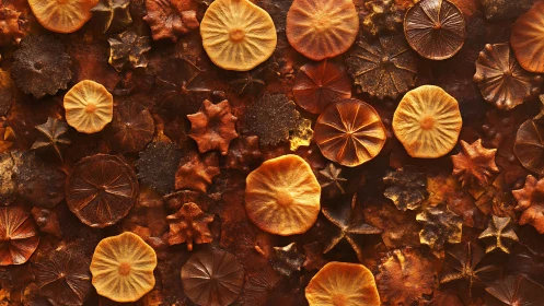 Dried citrus slices and star anise in warm brown pattern.