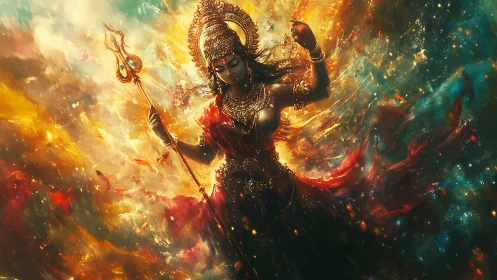 Warrior goddess rises through swirling cosmic firestorm