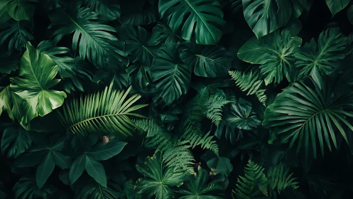 Dense tropical leaf canopy with layered botanical textures.