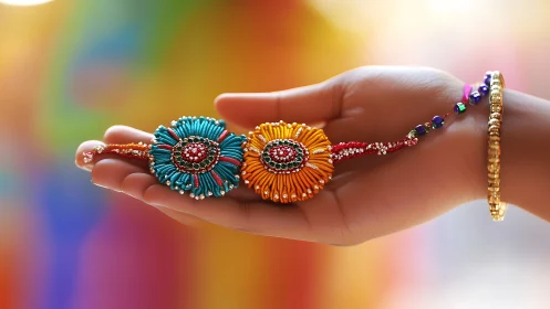 Colorful handcrafted rakhi rests gently on open palm.