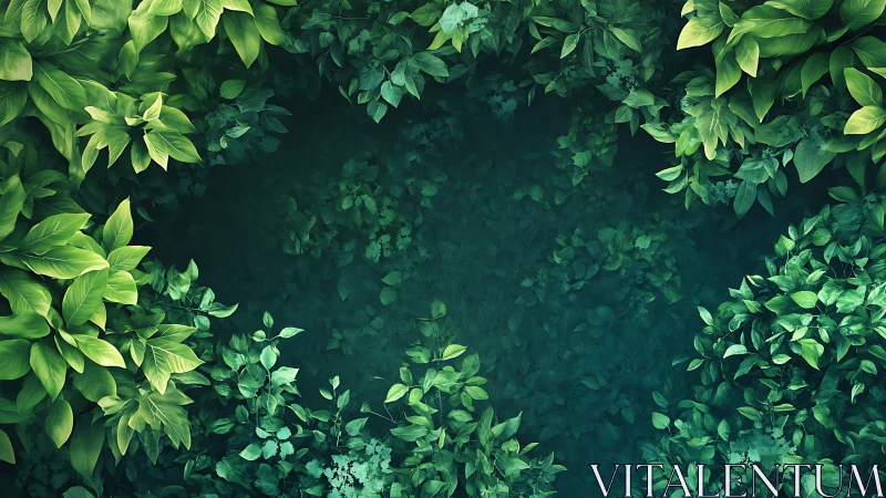 Dense green foliage frame surrounding deep teal background.
