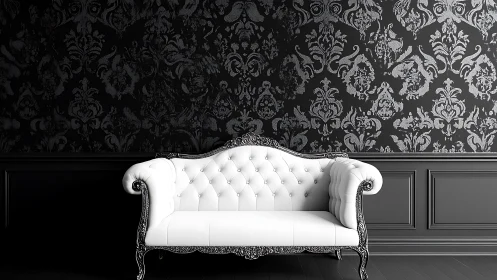 White tufted sofa stands against ornate black damask wall