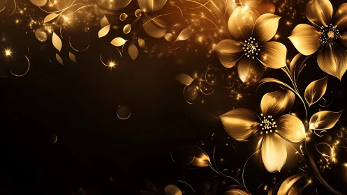 Golden floral composition with luminous sparkles on dark background.