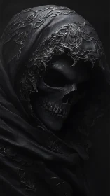 Velvet shadows and a patient reaper in sculpted midnight.