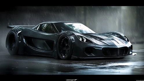 Sleek black supercar hugs the wet track in a dramatic downpour