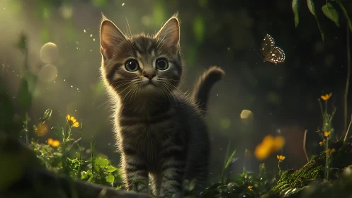 Kitten Catches Wonder: Emerald Garden's Butterfly Moment
