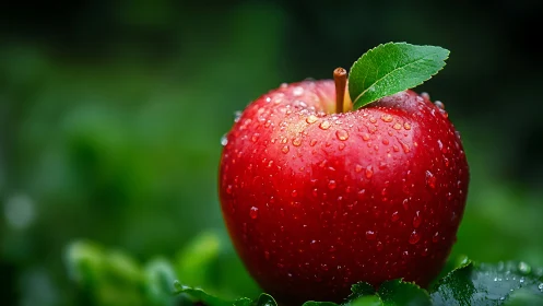 Red apple with water droplets on green foliage background.