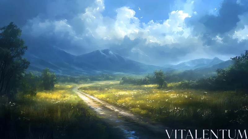 Sunlit country path winds toward distant blue mountains softly