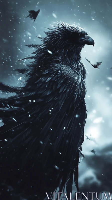Dark raven in winter storm with detailed feathers and snow.