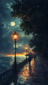 Moonlit waterfront promenade with gas lamps and wet paving