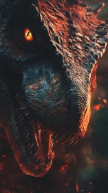 Predatory dinosaur head glows with molten backlight and embers