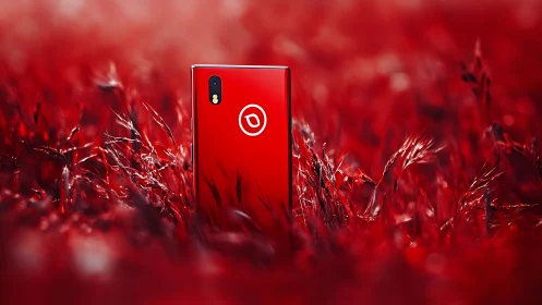 Red smartphone with circular logo positioned in abstract blurred field environment