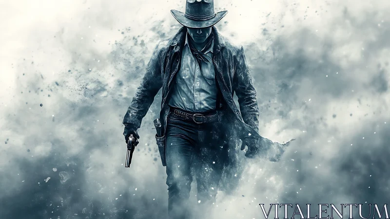 Gun-smoke drifter strides through swirling digital dust